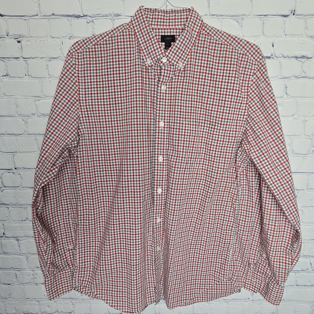 J. Crew 100% Cotton Red and White Plaid Button-Down Shirt L